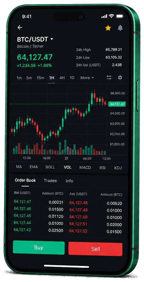 Lisière Fondença plateforme de trading mobile — graphique BTC/USDT en direct, carnet d'ordres et interface d'achat/vente